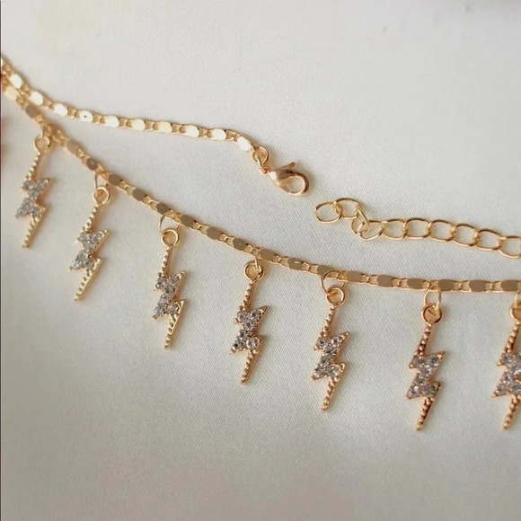 NEW! 18K Gold Plated Box Chain CZ Lightening Bolt Charm Tassel Choker Necklace - Picture 4 of 6